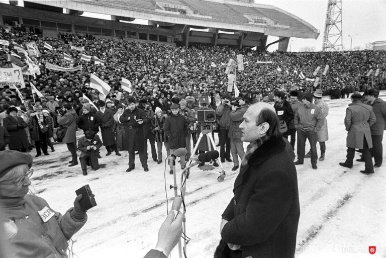 19 February 1988, Minsk, Dinamo stadium. The first rally authorised by the authorities. The number of participants was around 40,000. Photo by Sergey Plytkevich.