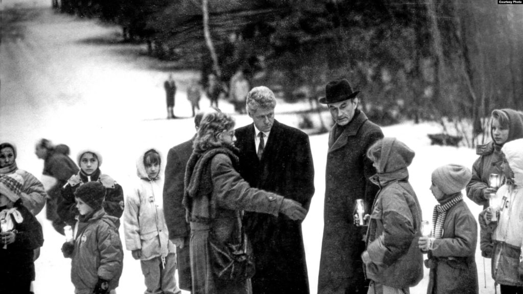 15 January 1994 US President Bill Clinton visits Kurapaty (with Zianon Pazniak, leader of the BNF and the parliamentary opposition, at right)